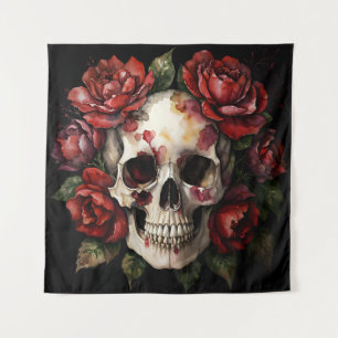 Skull With Red Roses On Black Tapestry