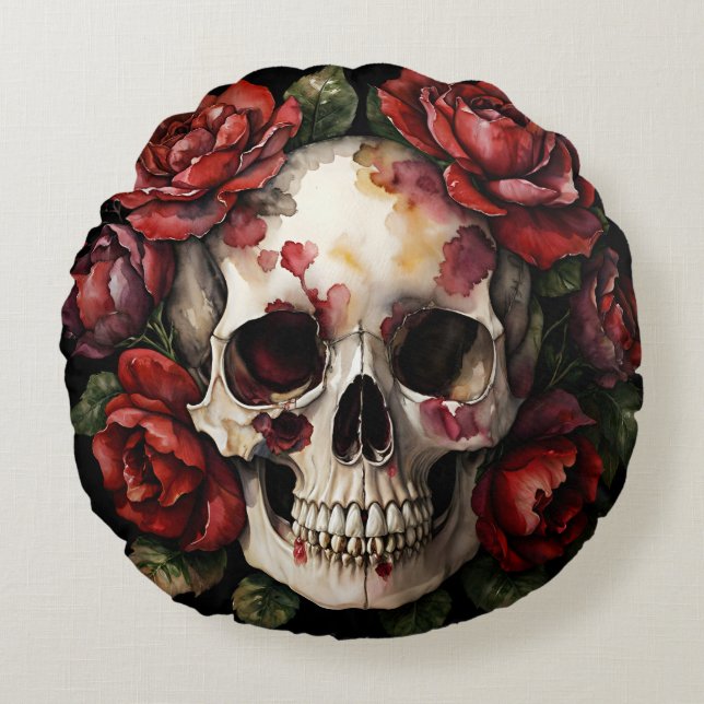 Skull With Red Roses Round Cushion (Front)