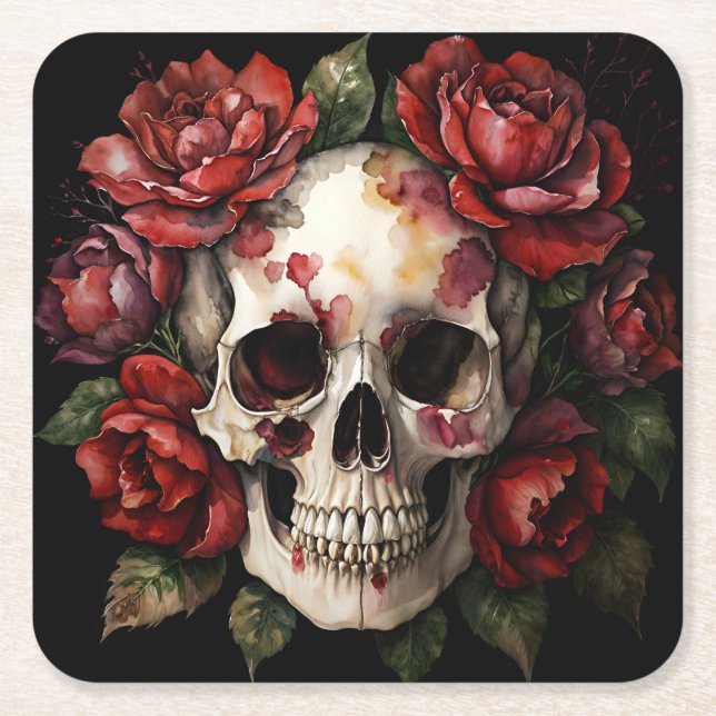 Skull With Red Roses Square Paper Coaster (Front)