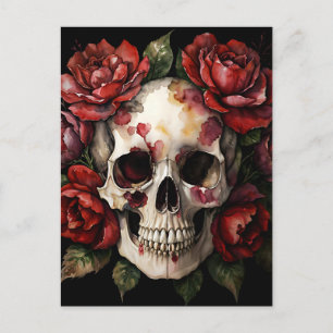 Skull WIth Red Roses Watercolor Postcard