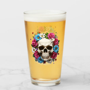 Skull with Red White and Blue Flowers Glass