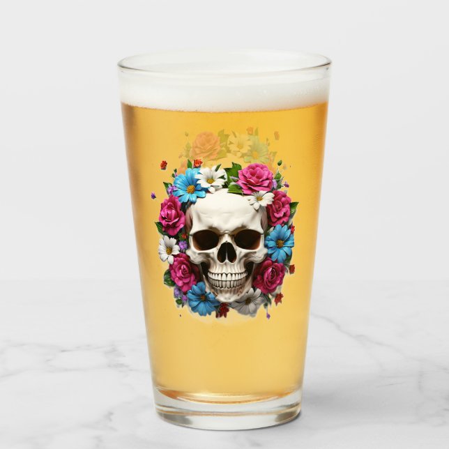Skull with Red White and Blue Flowers Glass (Front Filled)
