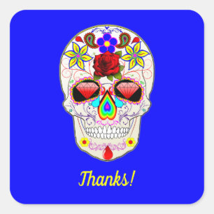 Skull with Rose and Lilies on Blue Square Sticker