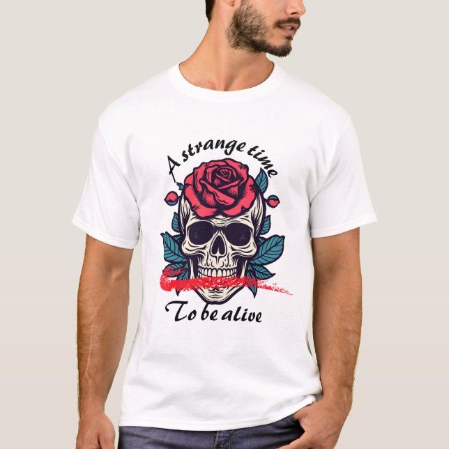 Skull with Rose – Dark Gothic Floral Design T-Shirt (Front)