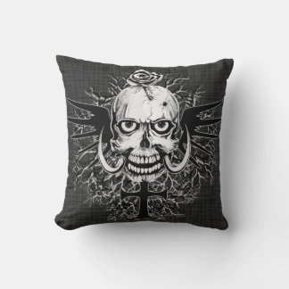 Skull With Rose, Horns, Cross, Wings Illustration Cushion