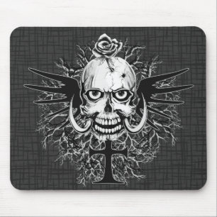 Skull With Rose, Horns, Cross, Wings Illustration Mouse Mat