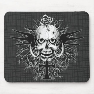 Skull With Rose, Horns, Cross, Wings Illustration Mouse Mat