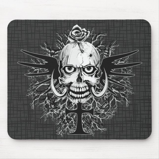 Skull With Rose, Horns, Cross, Wings Illustration Mouse Mat (Front)