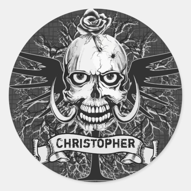 Skull With Rose, Horns, Cross, Wings Personalise Classic Round Sticker (Front)
