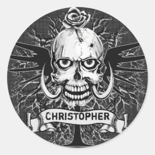 Skull With Rose, Horns, Cross, Wings Personalise Classic Round Sticker