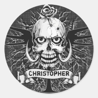 Skull With Rose, Horns, Cross, Wings Personalise Classic Round Sticker