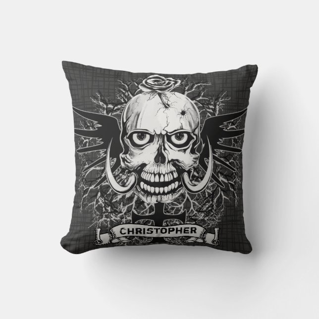 Skull With Rose, Horns, Cross, Wings Personalise Cushion (Front)