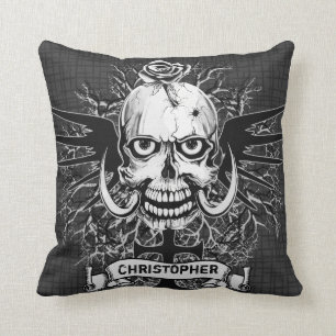Skull With Rose, Horns, Cross, Wings Personalise Cushion