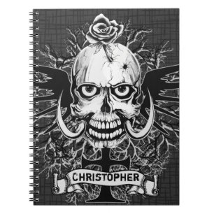 Skull With Rose, Horns, Cross, Wings Personalise Notebook