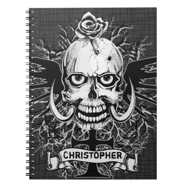 Skull With Rose, Horns, Cross, Wings Personalise Notebook (Front)