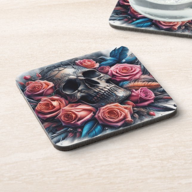 Skull with Roses and Bluebird Coaster (Left Side)