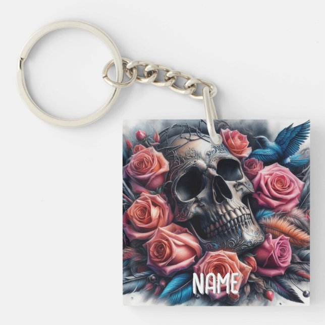 Skull with Roses and Bluebird Key Ring (Front)