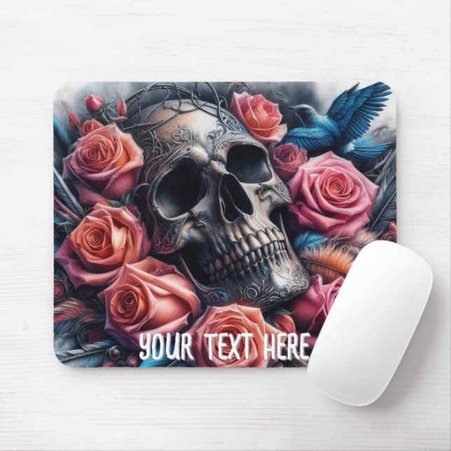 Skull with Roses and Bluebird Mouse Mat (With Mouse)