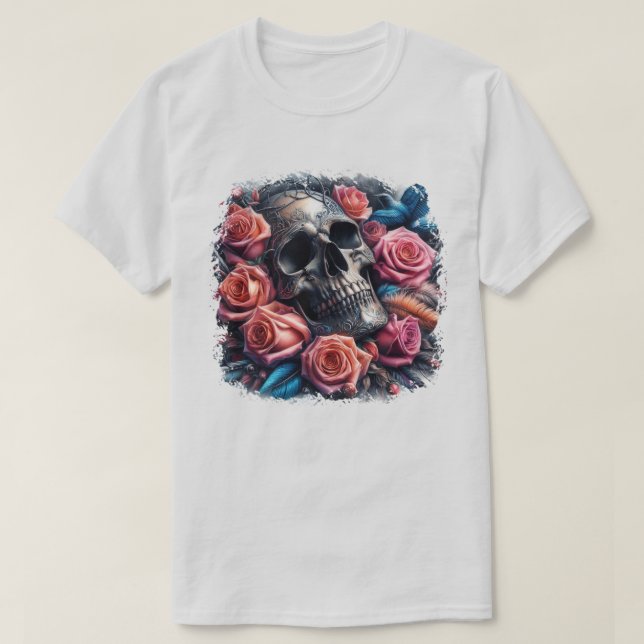 Skull with Roses and Bluebird T-Shirt (Design Front)