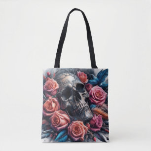 Skull with Roses and Bluebird Tote Bag