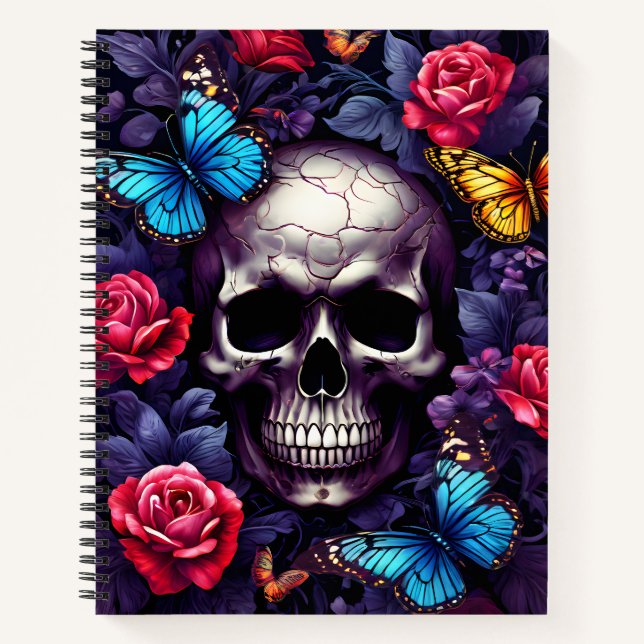 Skull with Roses and Butterflies Goth Notebook (Front)