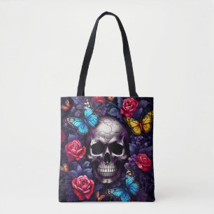 Skull with Roses and Butterflies Goth Tote Bag