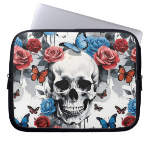 Skull with Roses and Butterflies in Red and Blue Laptop Sleeve