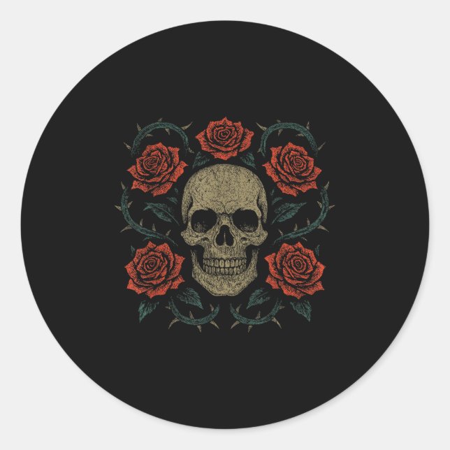 Skull With Roses Gothic Floral Dark Aesthetic Appa Classic Round Sticker (Front)