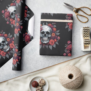 Skull with Roses Gothic Halloween Wrapping Paper
