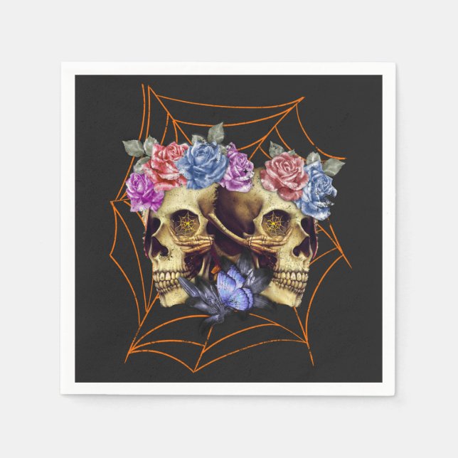 Skull with Roses, Gothic Spooky Halloween Napkin (Front)
