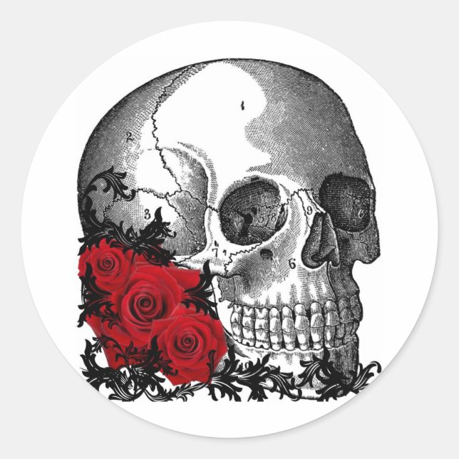 SKULL WITH ROSES VINTAGE PRINT CLASSIC ROUND STICKER (Front)
