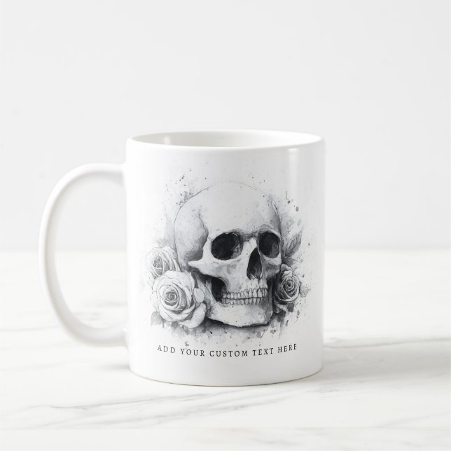 Skull with roses watercolor painting coffee mug (Left)