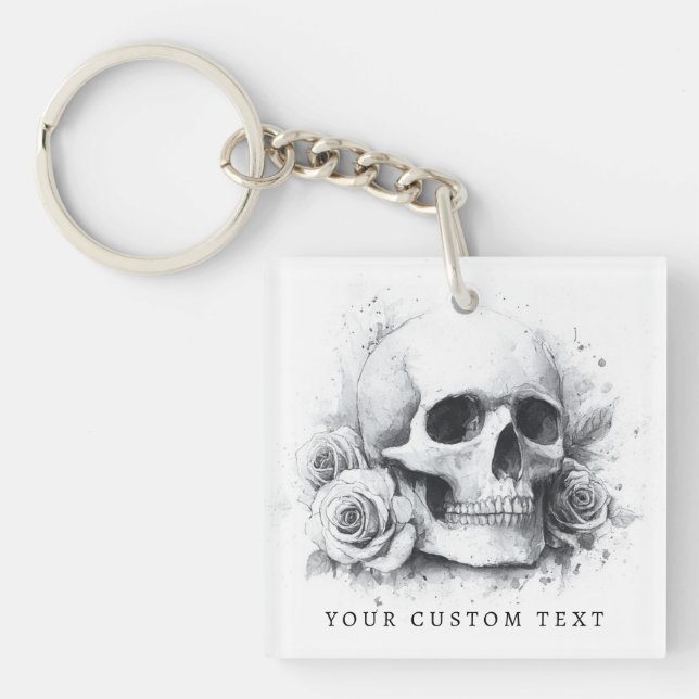 Skull with roses watercolor painting key ring (Front)