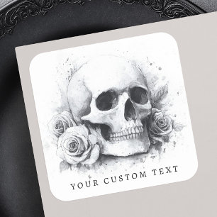 Skull with roses watercolor painting square sticker
