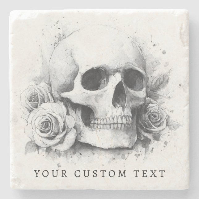 Skull with roses watercolor painting stone coaster (Front)