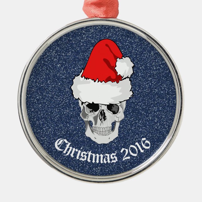 Skull with Santa hat "Christmas 20xx" Metal Tree Decoration (Front)