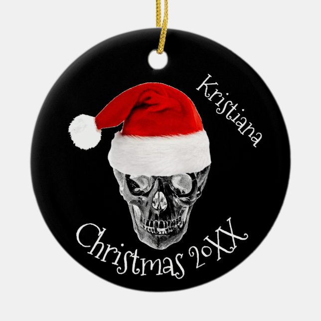 Skull with Santa Hat Christmas Ceramic Tree Decoration (Front)