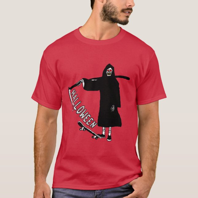 skull with skateboard holding scythe halloween T-Shirt (Front)