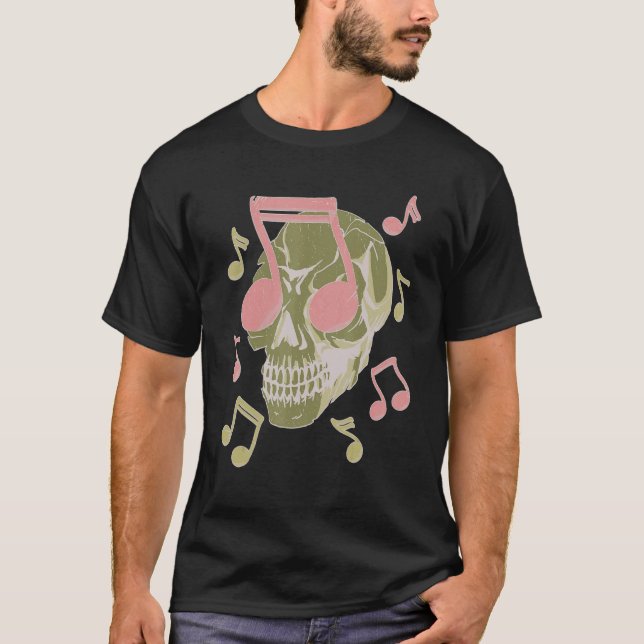 Skull With Sunglasses Shaped Like A Note T-Shirt (Front)