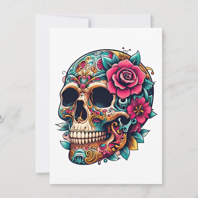 Skull with Tattoos and flowers Holiday Card (Front)