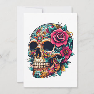 Skull with Tattoos and flowers Holiday Card