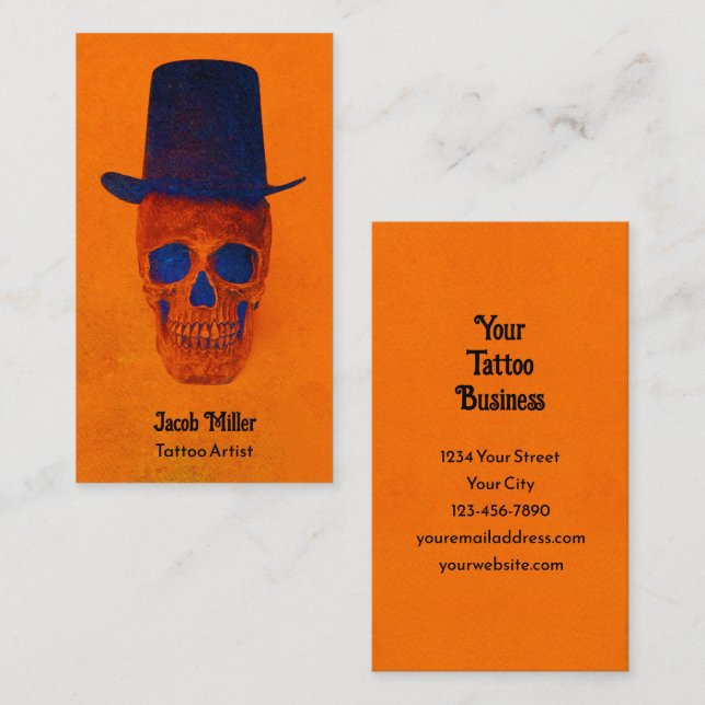 Skull With Top Hat Burnt Orange Blue Tattoo Artist Business Card (Front/Back)