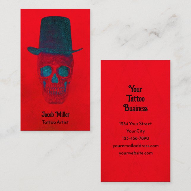 Skull With Top Hat Gothic Red Blue Grunge Business Card (Front/Back)