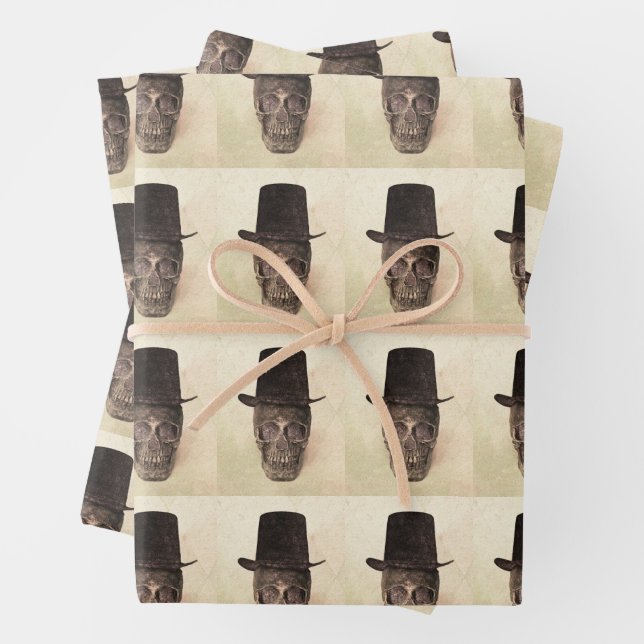 Skull With Top Hat Gothic Vintage Texture Pattern Wrapping Paper Sheet (In situ)