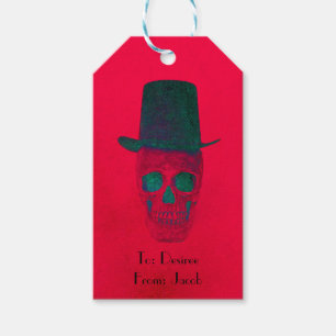 Skull With Top Hat Red Green Halloween Christmas Gift Tags