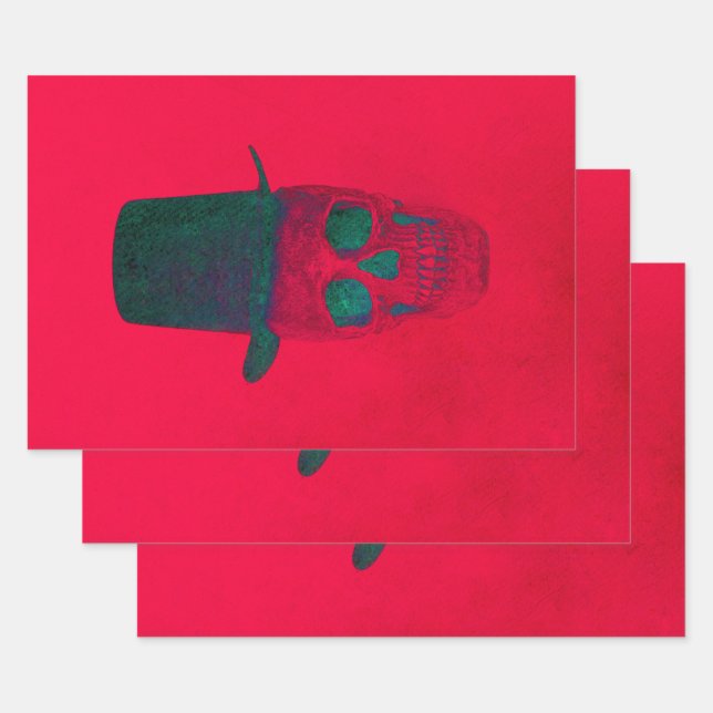 Skull With Top Hat Red Green Halloween Christmas Wrapping Paper Sheet (Set)