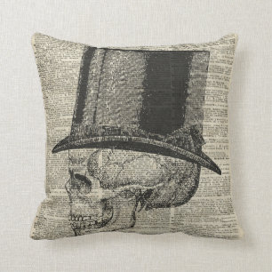 Skull with victorian hat stencil over old book pag cushion