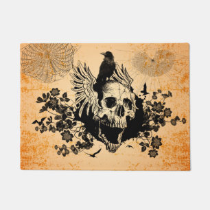 Skull with wings and crow with flowers doormat