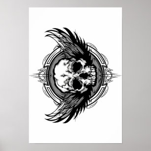 Skull With Wings And Tribal Outline Ornate Poster