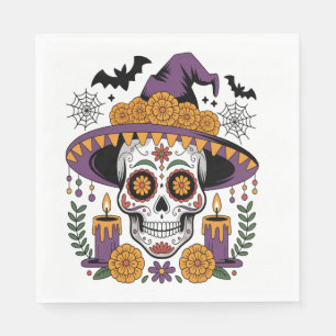 Skull with Witch Hat Halloween Vector Napkin